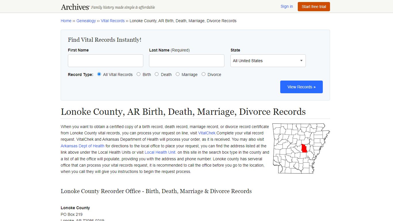 Lonoke County, AR Birth, Death, Marriage, Divorce Records